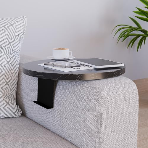 [en.casa] Tavolino Bracciolo per Poltrona Divano Piano Rotondo Ø34 cm Supporti Regolabili in Larghezza Vassoio da Appoggio Tavolino Laterale Divano - Effetto Marmo Nero