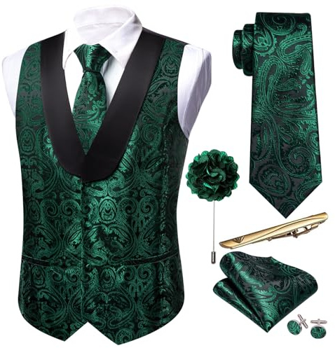 Barry.Wang Set di gilet da uomo in seta Paisley con scollo a U, scialle, giubbotto e cravatta, set da 6 pezzi, per smoking, matrimonio per uomo, abito elegante, gilet taglie S-3XL, Verde, M
