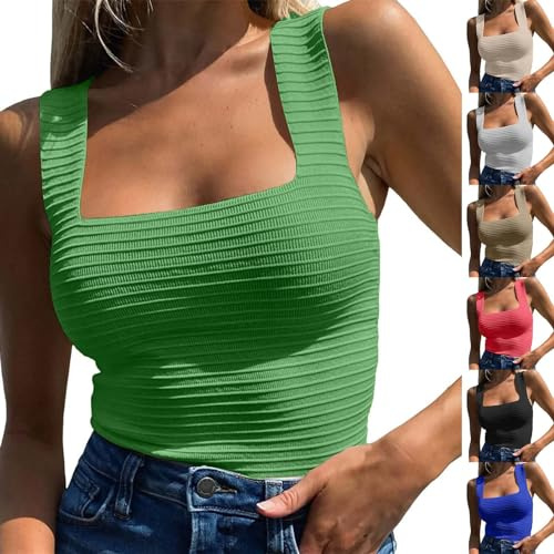 Grundläggande tanktopp damer beskurna – toppar ärmlös axellös axelbandstopp kantig urringning crop-toppar ribbad undertröja enfärgad elegant t-shirt sexig tajt partyskjorta, Vit, L