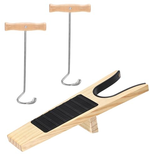 OwnMy Set of 3 Wooden Boot Jack Boot Remover Hooks for Work/Cowboy Boots, Indoor Outdoor Wood Boot Pullers Removers with Long Handles, Women Men Shoe Horns Boot Jacks Easy Put on/Take off Helper