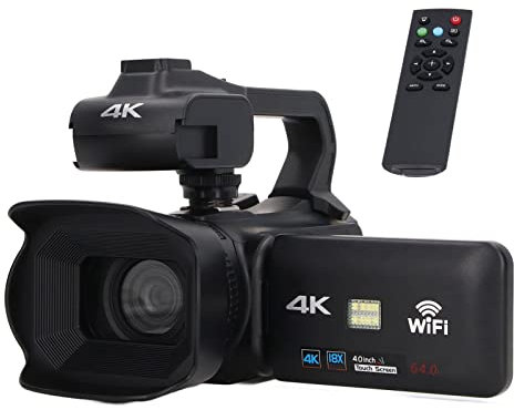 Rankomu 4K Video Camera Camcorder, 18X Digital Zoom, 4.0in Touch Screen, WiFi Vlog Camera with Microphone, Handheld Stabilizer, Remote Control, Lens Hood