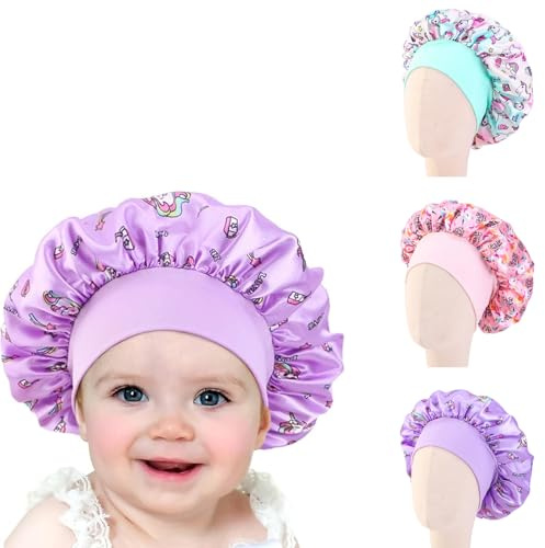 3 Pièces Bonnet Satin Cheveux Nuit Enfant, Bonnet en Satin, Bonnet Soie Cheveux Nuit, Élastique Bonnet Satins, Réutilisable Enfants Bonnet Soie Licorne pour Les Filles Garçons de 2 à 8 Ans