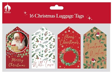 Tallon 16 Festive Gift Tags for Presents – Assorted Seasonal Designs with Santa, Wreath & Holly – Decorative Christmas Wrapping Accessories