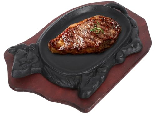 Cabilock Plaque à Steak Fonte Forme de Buffle Poêle Teppanyaki Antiadhésive pour Barbecue Plat de Service Pour Viande et Poisson Chauffe Uniforme