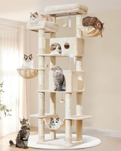 Taoqimiao Rascador para Gatos Grandes, 193cm Arbol Rascador para Gatos com 2 Espacioso Cuevas, 2 Cesta, Hamaca MS046M Beige