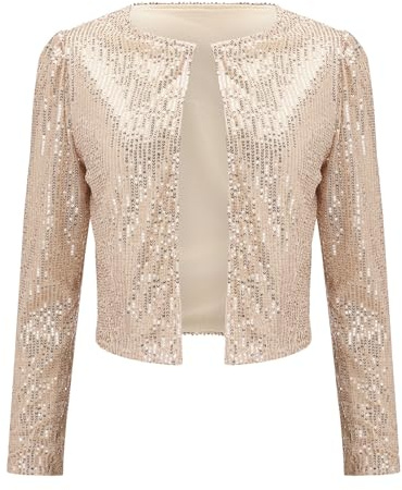 Nyårsaftons outfit damer paljetter, kofta damer korta eleganta toppar paljetter kavajjacka elegant axeljacka mode ytterkläder ledig karneval kostym glamour kontorsjacka öppna toppar, kaki, M
