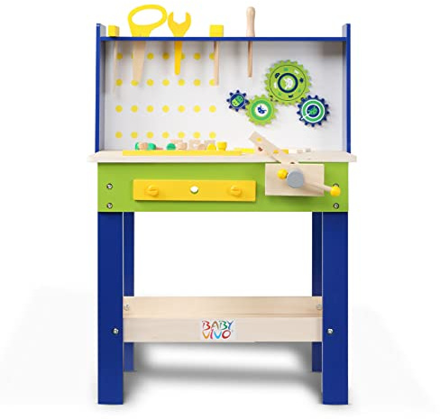 Baby Vivo Banco Carpintero de Madera para Niños - Banco Carpintero de 29 Piezas - Banco de Herramientas Juego de rol Constructor - Engranajes giratorios Juego de Construcción Creativo - Luigi