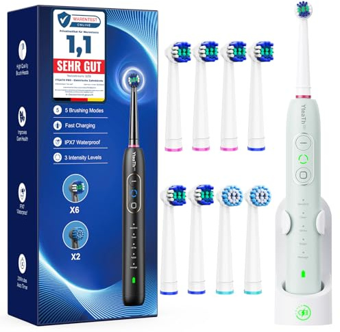 Cepillo de Dientes Eléctrico de Rotación para Encías Sensibles - Cepillo Eléctrico Adultos 3 Intensidades, 5 Modos, 8 Cabezales, IPX7 Impermeable, Cepillo Dientes Electrico Viaje, Verde Menta