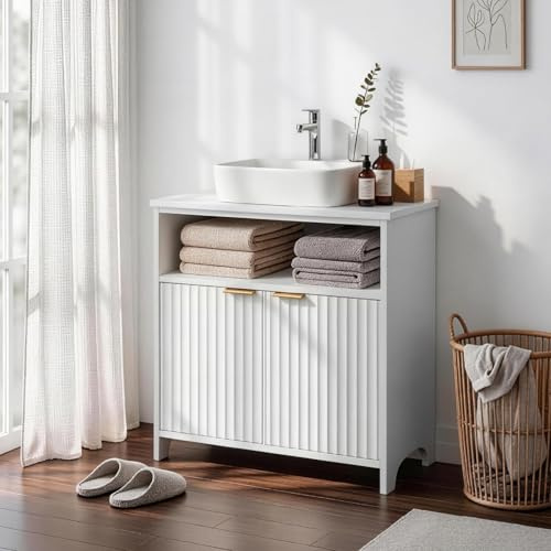 Bonnlo White Under Sink Bathroom Cabinet - 60cm Bathroom Sink Cabinet with Grille Doors & Shelf, Under Sink Storage Unit for Bathroom
