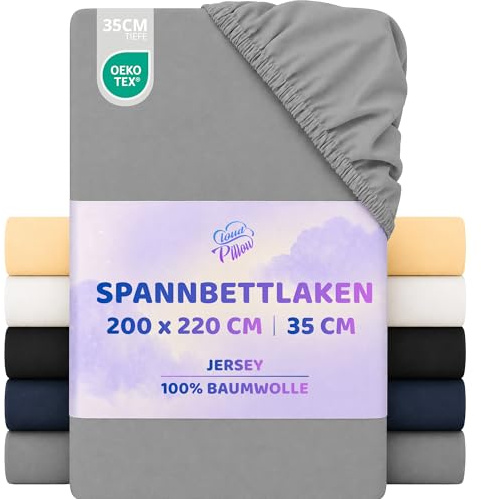 Cloud Pillow Lenzuolo con angoli 200x220 cm, jersey per materassi alti e comfort quotidiano - 100% cotone, elastico perimetrale - fino a 35 cm, 160 g/m², OEKO-TEX Standard 100