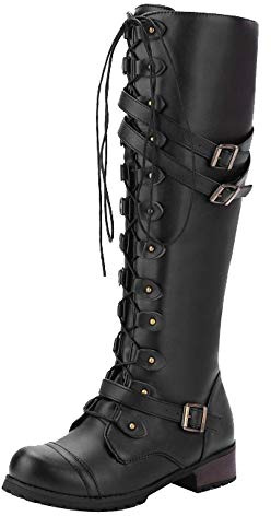 Susenstone Bottes Hautes Femme Vintage Steampunk Hiver Le Genou CompenséEs en Cuir à Lacets Sexy Boots Talon Carre Talon Haut Plate (40.5 EU(CN42), Noir)