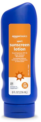 Amazon Basics Sport Sunscreen Lotion SPF 30, Water Resistant (80min), Formulated without Octinoxate & Oxybenzone, Broad Spectrum UVA/UVB Protection, 8 Fluid Ounce