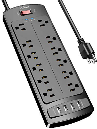 Power Strip, ALESTOR Surge Protector with 12 Outlets and 4 USB Ports, 6 Feet Extension Cord (1875W/15A), 2700 Joules, ETL Listed, Black