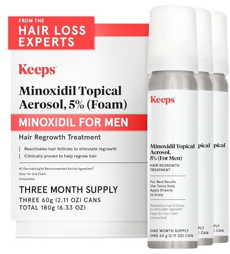 Keeps Extra Strength Minoxidil for Men Topical Aerosol Foam 5%, Hair Growth Treatment - 3 Month Supply (3 x 2.11oz Bottles) - Thicker, Longer Hair - Slows Hair Loss & Promotes Hair Regrowth