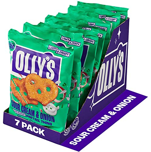 Olly's Pretzel Thins, crème aigre, 140 g (lot de 7) pochettes à collation pratiques, collations végétaliennes saines à base de plantes pour trempage, collations à faible teneur en calories, faible teneur en graisse, source de fibres, sans conservateurs