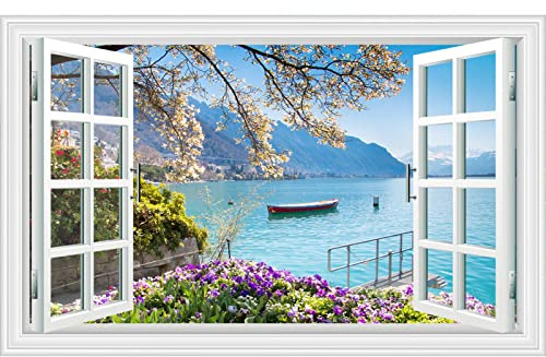 JZSDGB 3D Effect View Fake WindowsLandscape Pictures. Mountain Lake Flowers Painting on Canvas Print Window Mural. Canvas Wall Art Pictures 60x100cm Frameless