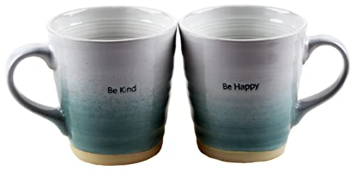 SiL Interiors Pottery Style Mugs - Aqua Duck Egg Blue - Be Kind/Happy (Set Of 2)