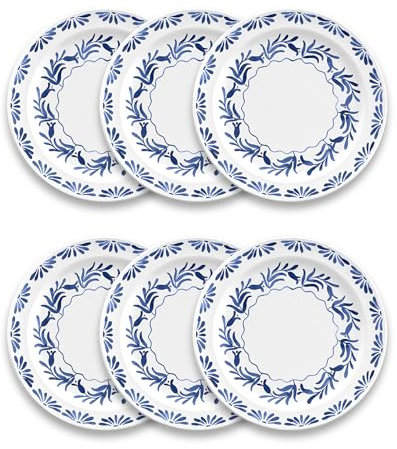 TarHong Abode Homewares Azul Dinner Plate, 10.5-inch, Pure Melamine, Indoor/Outdoor, Blue and White, Set of 6