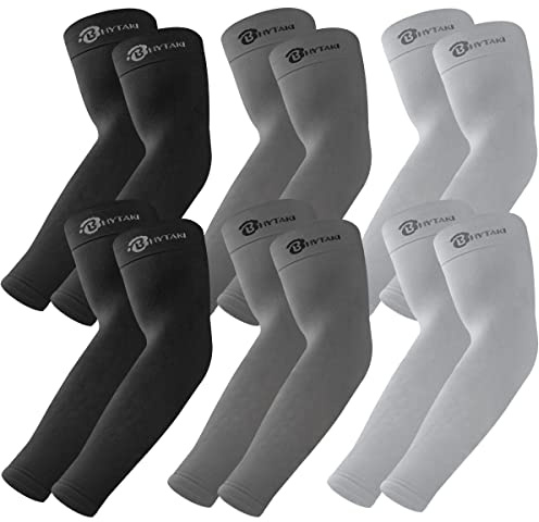 BHYTAKI 6 Pairs UV Sun Protection Arm Sleeves, UPF 50 Sports Cooling Arm Compression Sleeves for Men Women Teenager