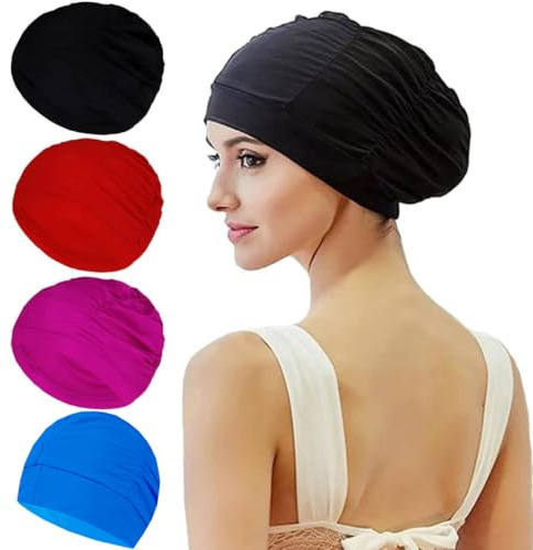 Kicwitgoo 4 Pcs Fashion Pleated Swimming Cap Long Hair Swim Cap Bathing Cap,Cloth Swim Caps for Men and Women,Solid Color
