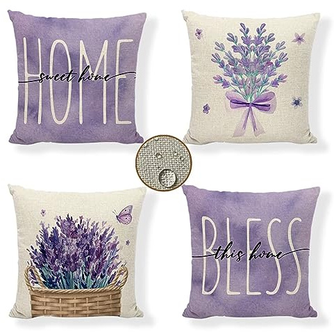 Kissenbezüge 40x40 cm 4er Set Lavendel Outdoor Kissen Lila Sofakissen Dekokissen Kopfkissen Wasserfest Linen Zierkissen Quadratische Kissenhülle für Gartenmöbel Sofa Bett Auto Terrasse Schlafzimmer