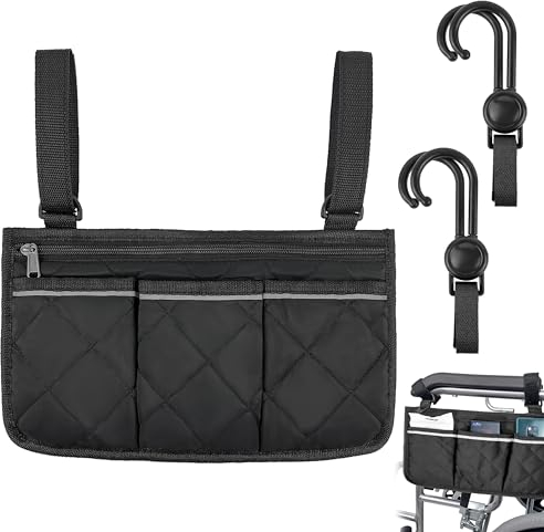 GZqiancang 1 borsa per sedia a rotelle, borsa portatile per sedia a rotelle, borsa per braccioli con 4 ganci per sedie a rotelle, passeggini, deambulatori (nero)