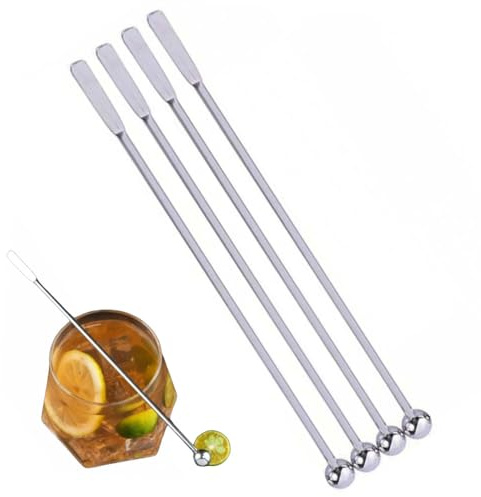 4 mescolatori in acciaio inox per cocktail, bevande, swizzle stick, agitatori per bevande, in metallo, con piccole palette rettangolari, bastoncini per mescolare caffè, bar, cioccolato, latte, argento