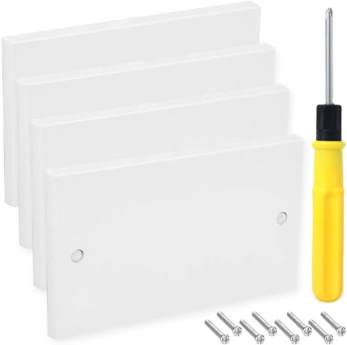 Acmerota Paquete de 4 placas ciegas de 2 bandas, placa ciega doble para enchufes de cubierta, decoración del hogar, cubrir imperfecciones, placa de pared blanca con destornillador
