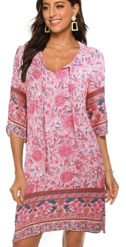 BDTECAOR Dam, vintage, etnisk stil, blommönster, bohemisk tunika, klänning, V-ringad, 3/4-ärm, strandklänningar, sommarklänningar, Rosa 2, L