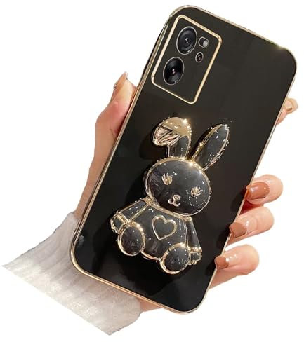 Nadoli pour Xiaomi 13T Pro Lapin Invisible Béquille Coque,Ultra Mince Placage Cœur Bunny Pliant Supporter Antichocs Silicone Flexible Coque Housse Étui de Potection