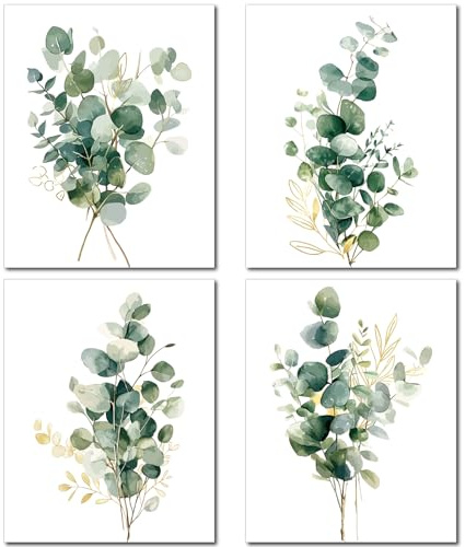 CREATCABIN 4Pcs Eucalyptus Botanical Wall Art Tropical Plant Prints Canvas Poster Leaves Picture Boho Wall Decoration Canvas Wall Art Fiber Oil for Home Living Room Bathroom 10x8Inch-Unframed