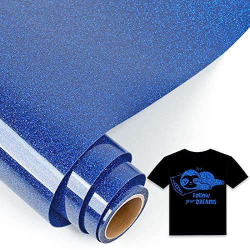 IModeur Glitter Dark Blue Iron on Vinyl — 30.5 x 153 cm Heat Transfer Vinyl for Fabric, PET Backing HTV Roll for T-Shirts, Clothes, Hats, Bags and Other Textiles, Easy to Weed