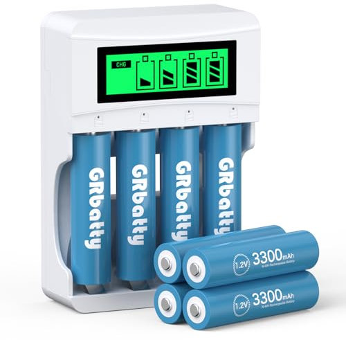 GRbatty Pilas Recargables AA 3300mAh con Cargador, 1,2 V Baterías Recargables Ni-MH AA Paquete de 8 con LCD Cargadores, más de 1200 ciclos