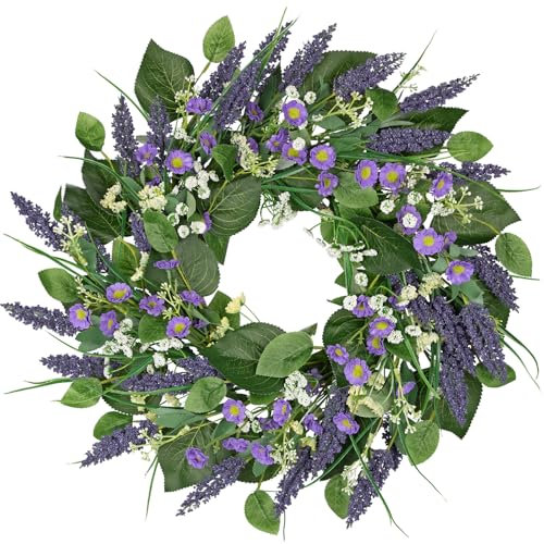 Oairse 20 inch/51cm Artificial Lavender Wreaths for Front Door Spring Summer Wreath with Wildflowers Greenery Purple Floral Door Wreath for Home Farmhouse Indoor Outdoor Wall Window Decor