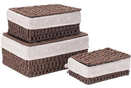 Kongming Panier Rangement Tressé 3 pièces Panier Osier avec Couvercle et Doublure Empilables Boite Rangement Rectangulaire pour Étagères Chambre, Salle de Bain (Brun foncé)