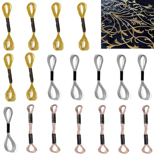 18 Stück Stickgarn, 8m Stickgarn Set, Perlgarn, Stickgarn Baumwolle, Stickgarn Anchor, Kreuzstich Fadenset für Bastelarbeiten (Gold, Silber, Rose Gold)