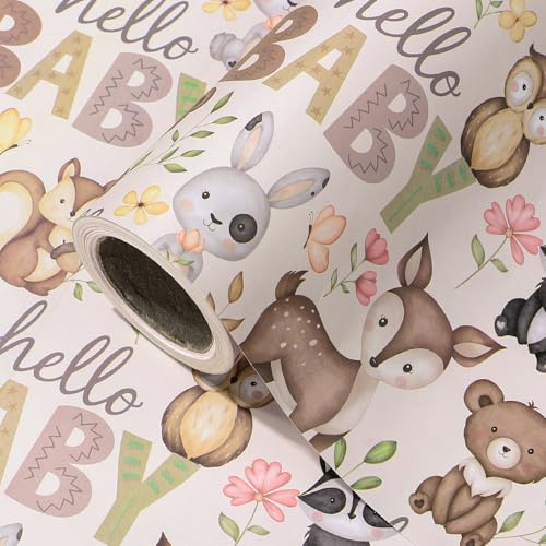 RUSPEPA Slå in papperspapper rulle – minirulle – 43,2 cm x 5 m – litet skogsdjur omslagspapper för baby shower, barn flickor pojkar födelsedag