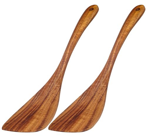 Galenecx 2 Pezzi Spatole in Legno, 31 x 7 cm Spatole in Legno con Manico Lungo, Spatola in Wood con Texture Naturale, Set di Pinne in Wood per Pentole Antiaderenti, Ideale per Padella, Wok