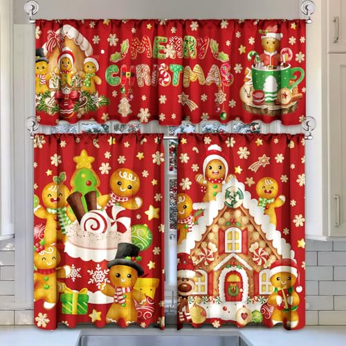 Breling 3 Pcs Christmas Gingerbread Kitchen Curtains Valances and Tiers Set for Windows Merry Christmas Snowman Santa Claus Short Curtain Set for Bedroom Window Treatment Decor Party Favor Supplies