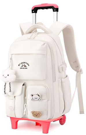 NIWEIYA Girls Rolling Backpack with Wheels, Trolley Backpack for Boys, Kids Carry-on Luggage Wheeled School Bag Roller Bookbag, White 2 Wheels