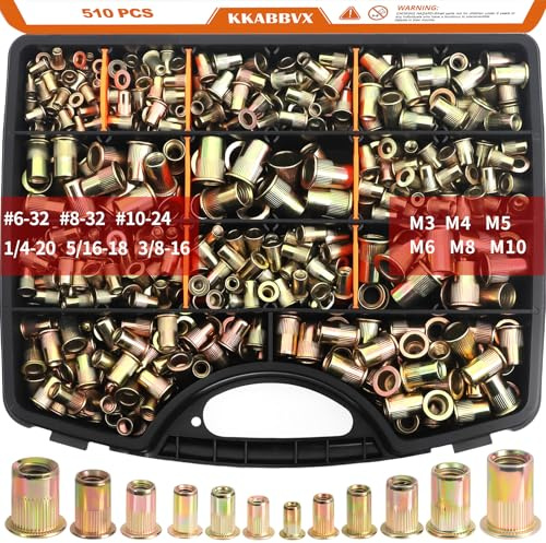 Rivet Nuts Assortment kit, 510pcs SAE & Metric Rivet Nut,Galvanized Carbon Steel Flat Head Threaded Rivets,Nutsert Sizes M3,M4,M5，M6,M8,M10,#6-32,#8-32,#10-24,1/4-20,5/16-18，3/8-16