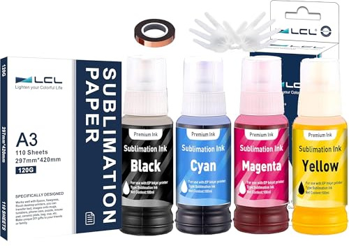 Inchiostro sublimatico 400ML e Carta per sublimazione A3, 420x297mm, 110 fogli, 120 g/m² Compatibile per EPSON EcoTank ET-2720 ET-2760 ET-2800 WF7710 ET-2850