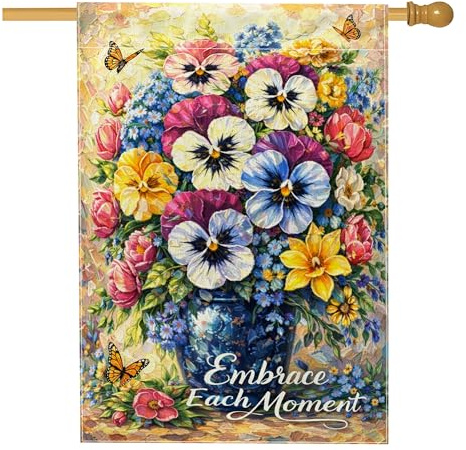 Bandera de casa de pensamiento, flores vibrantes tulipanes mariposa primavera amarillo doble cara arpillera decorativa exterior porche banderas para patio al aire libre, entrada, camping, 28 x 40