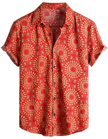 VATPAVE Mens Hawaiian Shirt Short Sleeve Button Down Shirts L Red SFlower