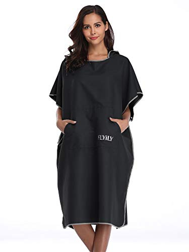 FLYILY Serviette Poncho Ultra légère et, Surfing Changement Serviette Robe avec Capuche Microfibre(Black,L)