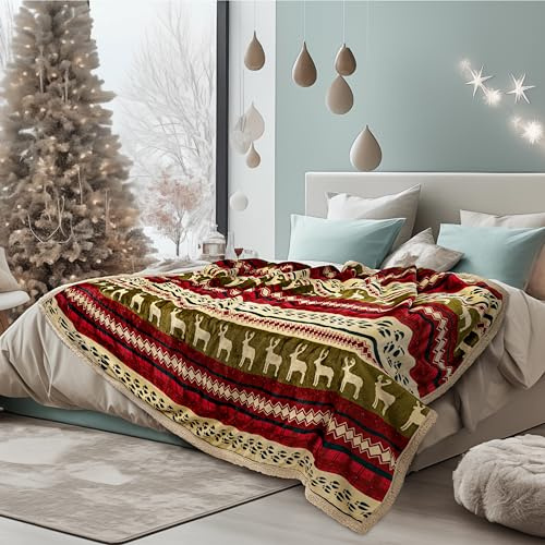PAVILIA Christmas Sherpa Blanket Throw King Bed| Red Flannel Fleece Christmas Decoration Blanket| Plush, Warm, Soft Cozy Reversible Winter Holiday Blanket 90x108