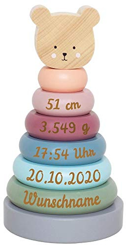 Elefantasie Stapelturm aus Holz Bär personalisierbar mit Name und Geburtsdaten Baby Geschenk mit Gravur