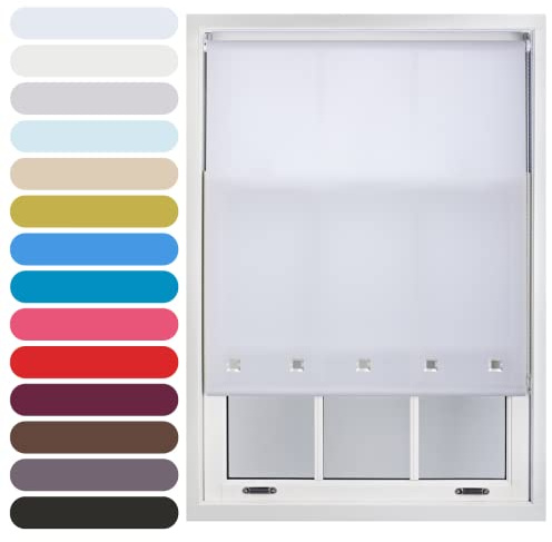 FURNISHED Roller Blinds + Chrome Square Eyelets, White, 110W x 210L cm | Daylight fabric 30% light filtering trimmable window blind for living room kitchen