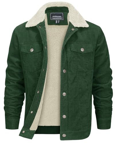 EKLENTSON Men's Sherpa Trucker Jackets Lapel Collar Corduroy Coat Winter Thermal Thick Western Jacket,Green,L