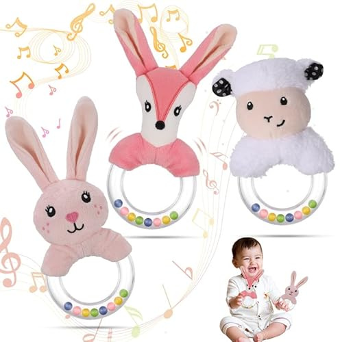 RIUSATE 3Pcs Baby Soft Rattle Sensory Toys, Newborn Baby Rattle Stuffed Animals Hand Grip forToddler 0-12 Months Infant Boys Girls Shower Gift